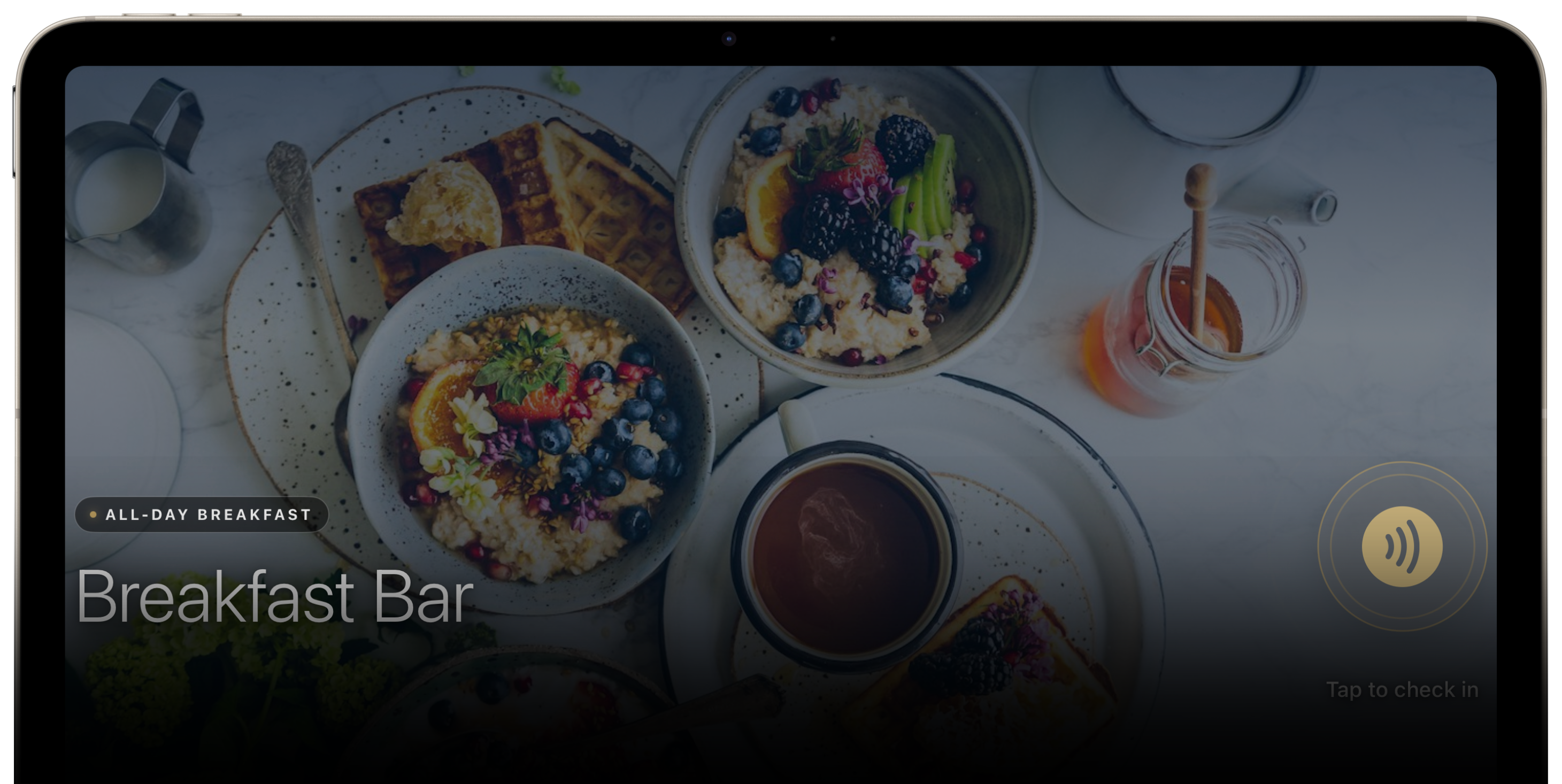 BalanceU Kiosk on an iPad displaying a campus breakfast bar menu with tap-to-check-in.