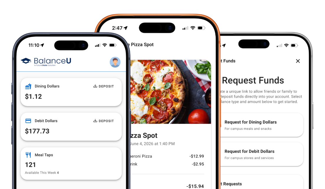 BalanceU on iPhone — dining dollars, transactions, request funds