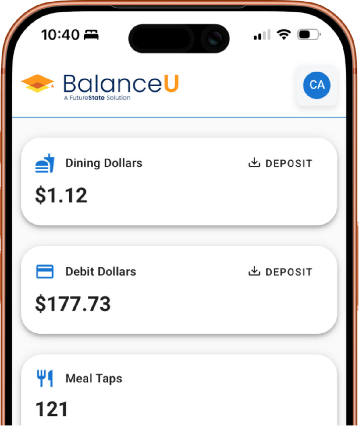 BalanceU home screen on iPhone showing Dining Dollars, Debit Dollars, and Meal Taps balances